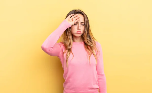 Pretty Caucasian Woman Looking Stressed Tired Frustrated Drying Sweat Forehead — Foto de Stock