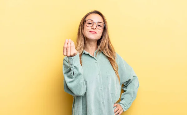 Pretty Caucasian Woman Making Capice Money Gesture Telling You Pay —  Fotos de Stock