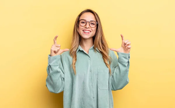 Pretty Caucasian Woman Framing Outlining Own Smile Both Hands Looking — Foto Stock
