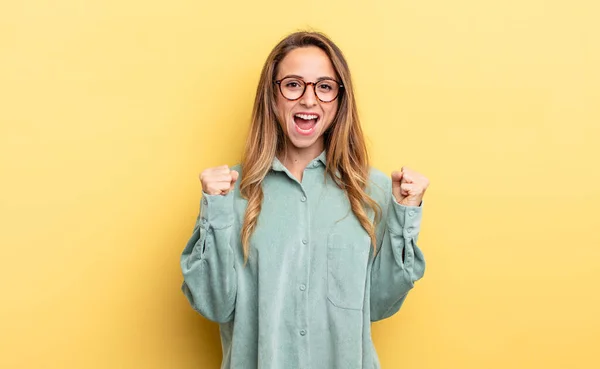 Pretty Caucasian Woman Feeling Happy Surprised Proud Shouting Celebrating Success — Fotografia de Stock