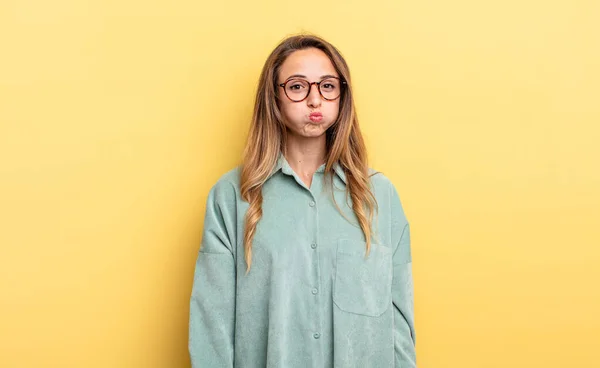 Pretty Caucasian Woman Goofy Crazy Surprised Expression Puffing Cheeks Feeling — Stockfoto
