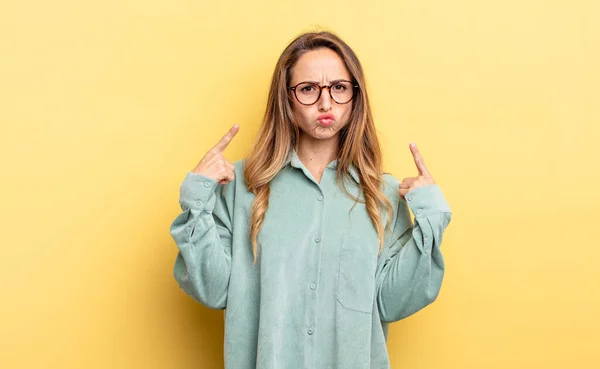 Pretty Caucasian Woman Bad Attitude Looking Proud Aggressive Pointing Upwards — Stockfoto