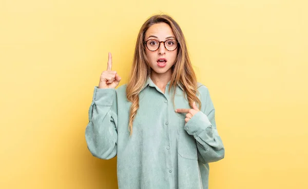 Pretty Caucasian Woman Feeling Proud Surprised Pointing Self Confidently Feeling — ストック写真