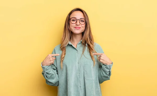 Pretty Caucasian Woman Looking Proud Positive Casual Pointing Chest Both — Stockfoto