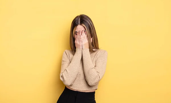 Pretty Caucasian Woman Feeling Sad Frustrated Nervous Depressed Covering Face — Foto Stock