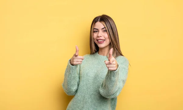 Pretty Caucasian Woman Feeling Happy Cool Satisfied Relaxed Successful Pointing — ストック写真