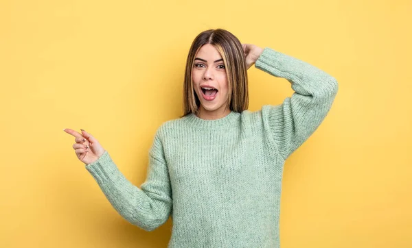 Pretty Caucasian Woman Laughing Looking Happy Positive Surprised Realizing Great — Stok fotoğraf