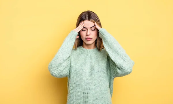 Pretty Caucasian Woman Looking Stressed Frustrated Working Pressure Headache Troubled — Stockfoto