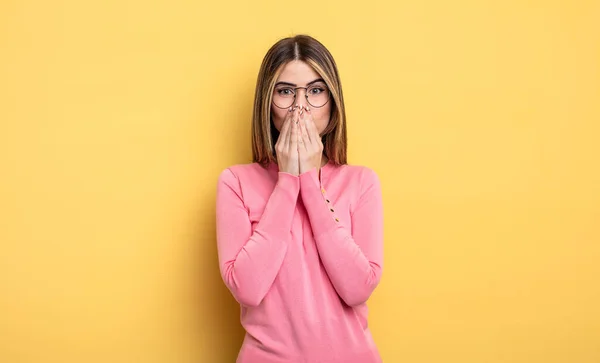 Pretty Caucasian Woman Happy Excited Surprised Amazed Covering Mouth Hands — Stock Fotó