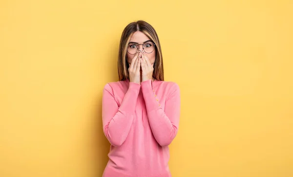 Pretty Caucasian Woman Feeling Worried Upset Scared Covering Mouth Hands — Foto Stock