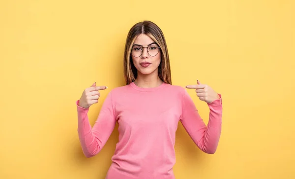 Pretty Caucasian Woman Looking Proud Positive Casual Pointing Chest Both — Stok fotoğraf
