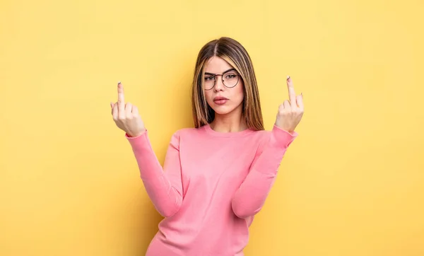 Pretty Caucasian Woman Feeling Provocative Aggressive Obscene Flipping Middle Finger — Foto de Stock