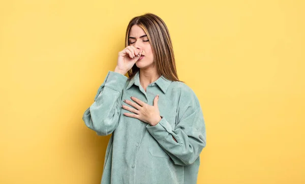 Pretty Caucasian Woman Feeling Ill Sore Throat Flu Symptoms Coughing — Foto de Stock