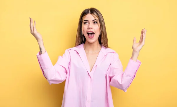 Pretty Caucasian Woman Feeling Happy Amazed Lucky Surprised Celebrating Victory — ストック写真