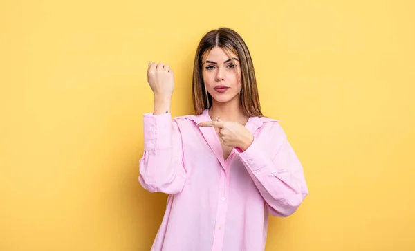 Pretty Caucasian Woman Looking Impatient Angry Pointing Watch Asking Punctuality — Stok fotoğraf