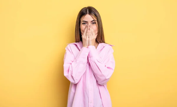 Pretty Caucasian Woman Happy Excited Surprised Amazed Covering Mouth Hands — Stockfoto