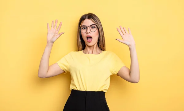 Pretty Caucasian Woman Feeling Stupefied Scared Fearing Something Frightening Hands — Stockfoto