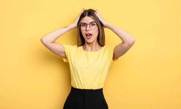 Pretty Caucasian Woman Raising Hands Head Open Mouthed Feeling Extremely — Stockfoto