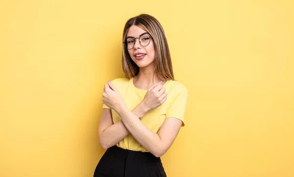 Pretty Caucasian Woman Smiling Cheerfully Celebrating Fists Clenched Arms Crossed — Foto Stock