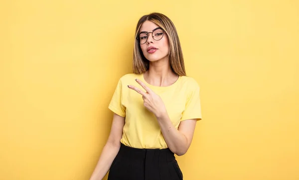 Pretty Caucasian Woman Feeling Happy Positive Successful Hand Making Shape — Stockfoto