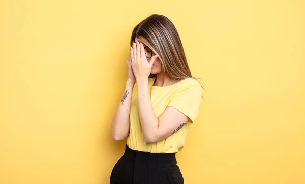 Pretty Caucasian Woman Covering Eyes Hands Sad Frustrated Look Despair — Stock Fotó