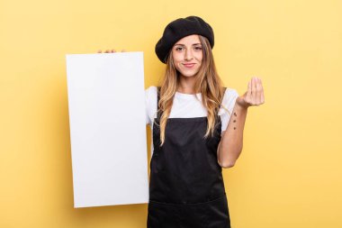woman artist making capice or money gesture, telling you to pay empty canvas concept
