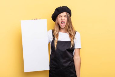 woman artist shouting aggressively, looking very angry empty canvas concept