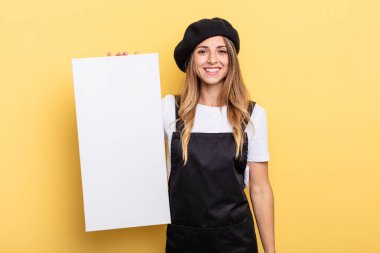 woman artist looking happy and pleasantly surprised empty canvas concept