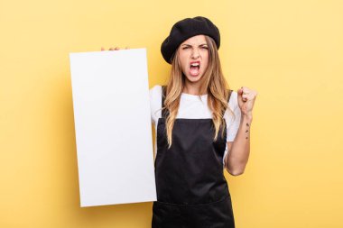 woman artist shouting aggressively with an angry expression empty canvas concept