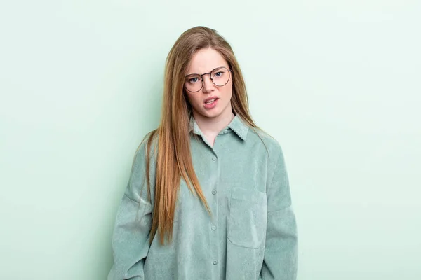 Caucasian Red Hair Woman Feeling Puzzled Confused Dumb Stunned Expression — Fotografia de Stock