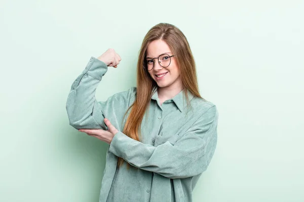 Caucasian Red Hair Woman Feeling Happy Satisfied Powerful Flexing Fit — Stock Photo, Image