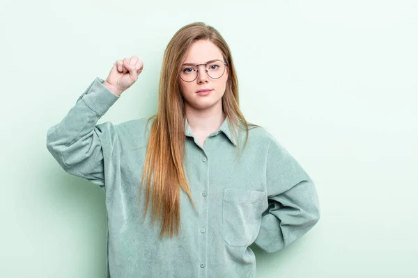 Caucasian Red Hair Woman Feeling Serious Strong Rebellious Raising Fist — Stock Photo, Image