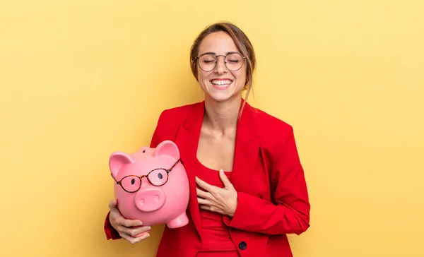Businesswoman Laughing Out Loud Some Hilarious Joke Piggy Bank Concept — Stock fotografie