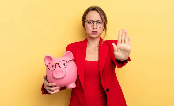 Businesswoman Looking Serious Showing Open Palm Making Stop Gesture Piggy — Stock fotografie