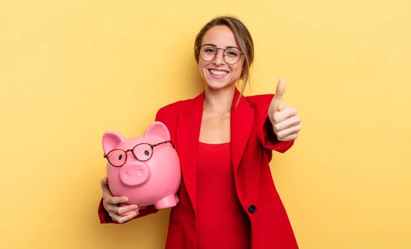 Businesswoman Feeling Proud Smiling Positively Thumbs Piggy Bank Concept — Stok fotoğraf
