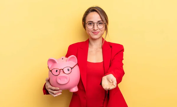 Businesswoman Smiling Happily Friendly Offering Showing Concept Piggy Bank Concept — Foto Stock
