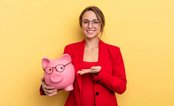 Businesswoman Smiling Cheerfully Feeling Happy Showing Concept Piggy Bank Concept — Stok fotoğraf