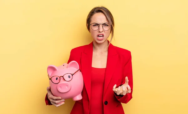 Businesswoman Looking Angry Annoyed Frustrated Piggy Bank Concept — Stock fotografie