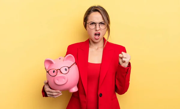 Businesswoman Shouting Aggressively Angry Expression Piggy Bank Concept — Stock fotografie