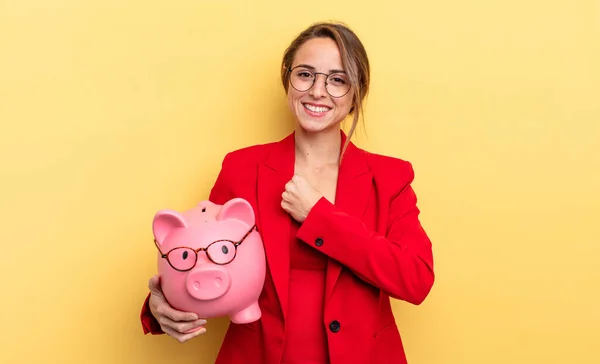 Businesswoman Feeling Happy Facing Challenge Celebrating Piggy Bank Concept — Zdjęcie stockowe