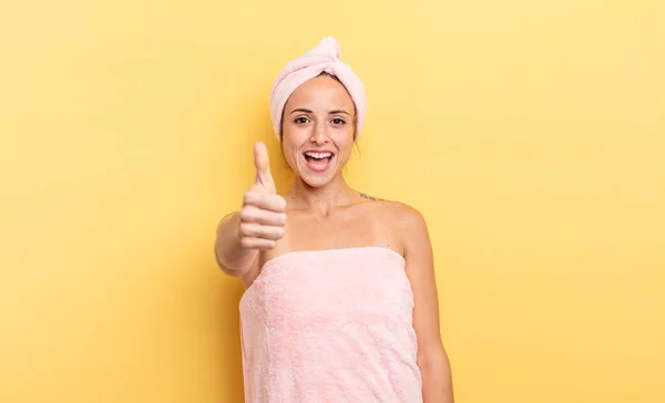 Pretty Woman Feeling Proud Smiling Positively Thumbs Shower Beauty Concept — Stock Photo, Image