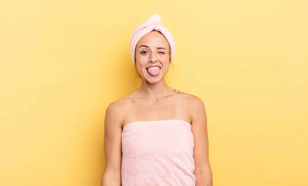 Pretty Woman Cheerful Rebellious Attitude Joking Sticking Tongue Out Shower — Stock Photo, Image
