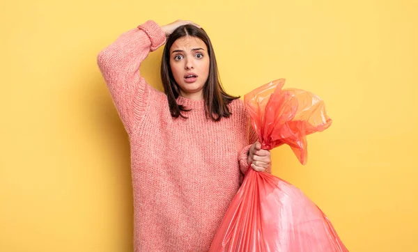 Pretty Woman Feeling Stressed Anxious Scared Hands Head Trash Bag — Stok fotoğraf