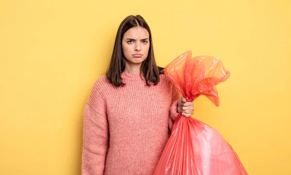 Pretty Woman Feeling Sad Upset Angry Looking Side Trash Bag — Stockfoto