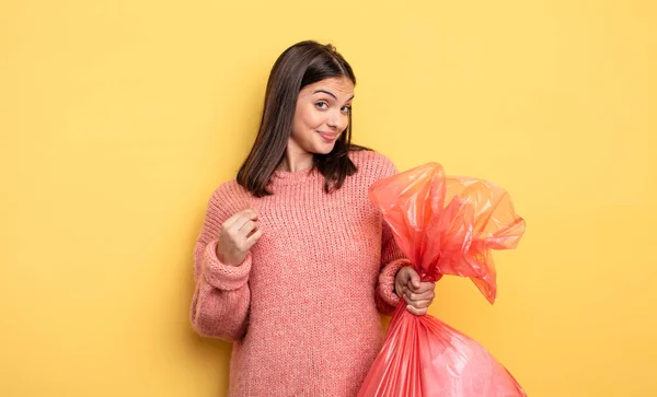 Pretty Woman Looking Arrogant Successful Positive Proud Trash Bag Concept — Foto Stock