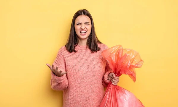 Pretty Woman Looking Angry Annoyed Frustrated Trash Bag Concept — Foto Stock