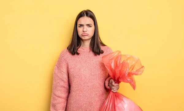 Pretty Woman Feeling Sad Whiney Unhappy Look Crying Trash Bag — Foto Stock