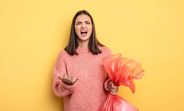 Pretty Woman Looking Desperate Frustrated Stressed Trash Bag Concept — Foto Stock