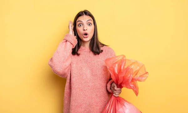 Pretty Woman Screaming Hands Air Trash Bag Concept — Stockfoto