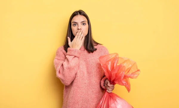 Pretty Woman Covering Mouth Hands Shocked Trash Bag Concept — Foto Stock